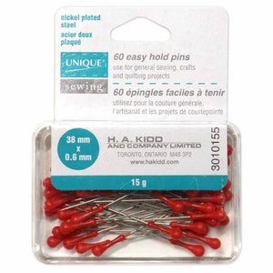 UNIQUE SEWING 60 Easy Hold Pins - Red - 60 pieces - 38mm 1 1⁄2″)