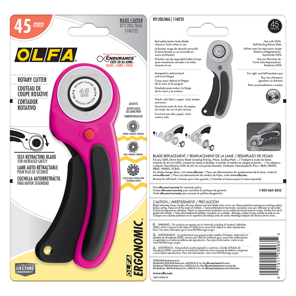 Olfa 45mm Ergonomic Rotary Cutter - Magenta - 091511230635