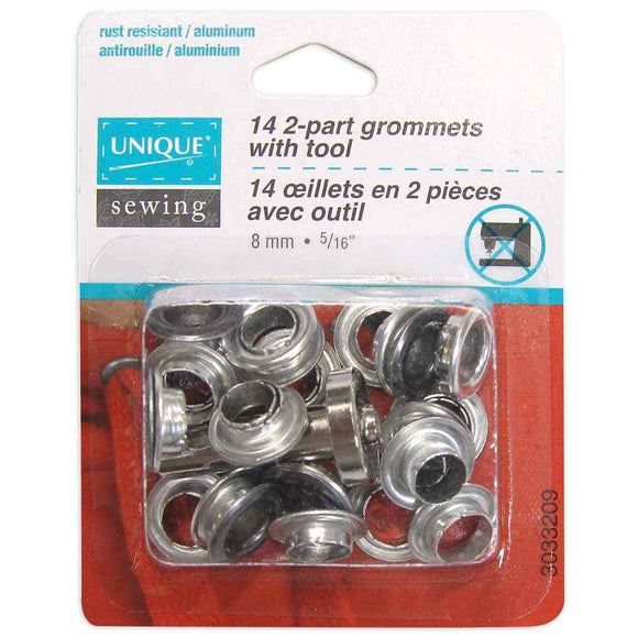 UNIQUE SEWING 2-Part Grommets with Tool - 8mm (5/16″) -  14 pcs various colours