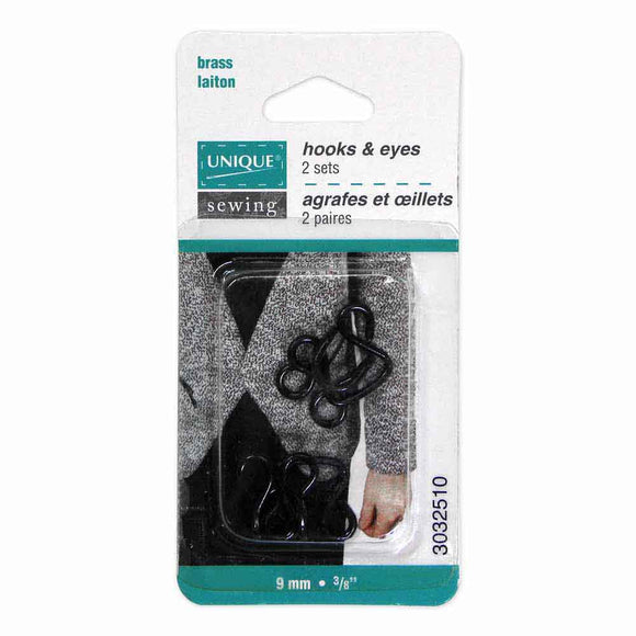 UNIQUE SEWING Hooks & Eyes Black - 9mm (3⁄8″) - 2 sets