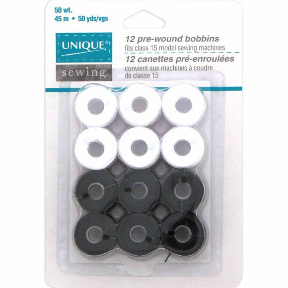 UNIQUE SEWING Pre-Wound Reusable Bobbins Black & White  or Coloured- 12pcs