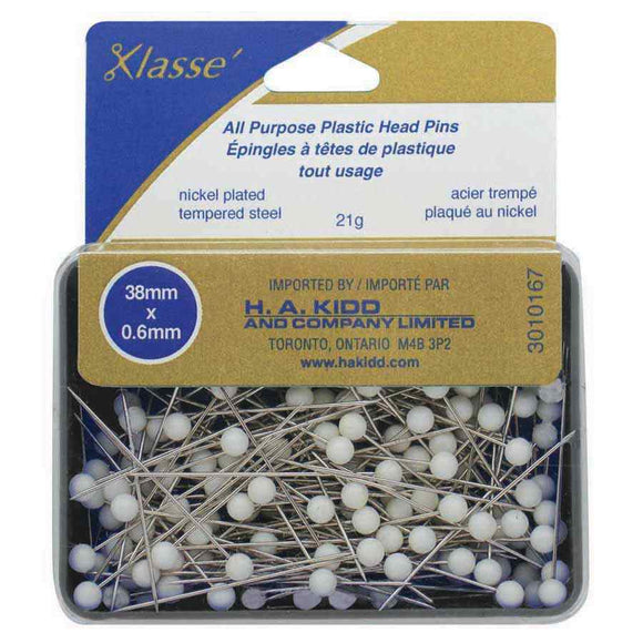 KLASSE´ All Purpose Plastic Head Pins White 170pcs - 38mm (11⁄2″)