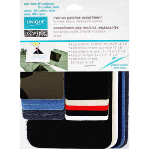 UNIQUE SEWING Iron-On Patches Assortment - Assorted Colours - 20 pcs.